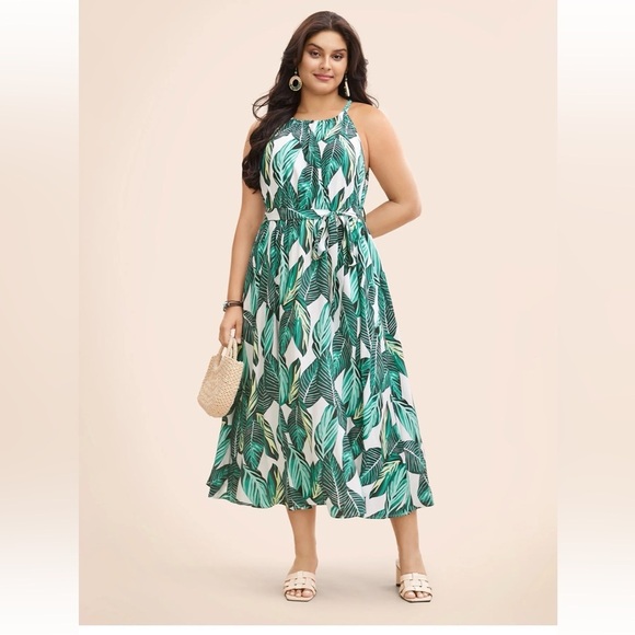 BloomChic Tropical Print Knotted Pocket Ruffles Belted Halter Dress us12 - Picture 7 of 8